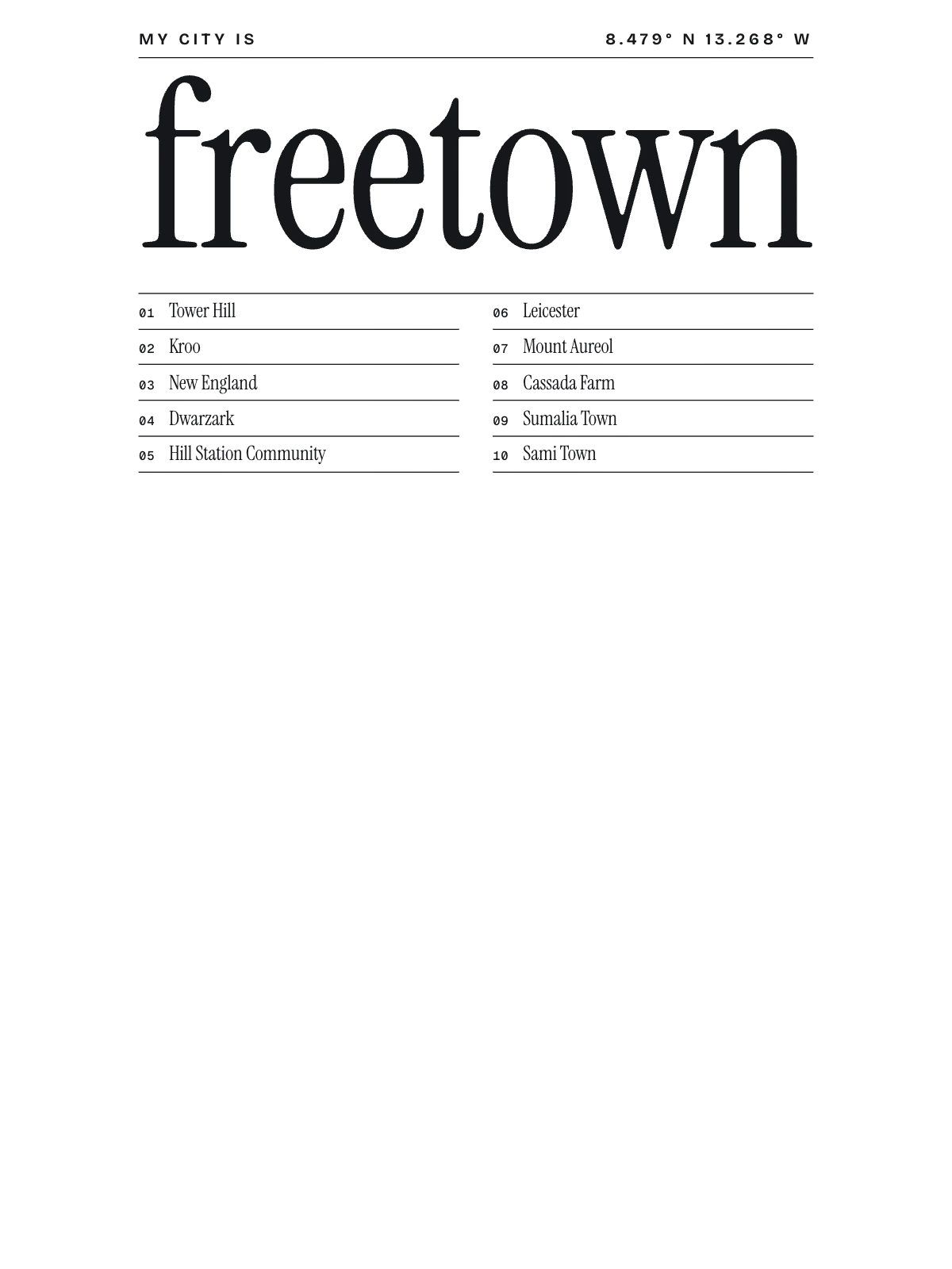 Freetown, Index: Gazetteer