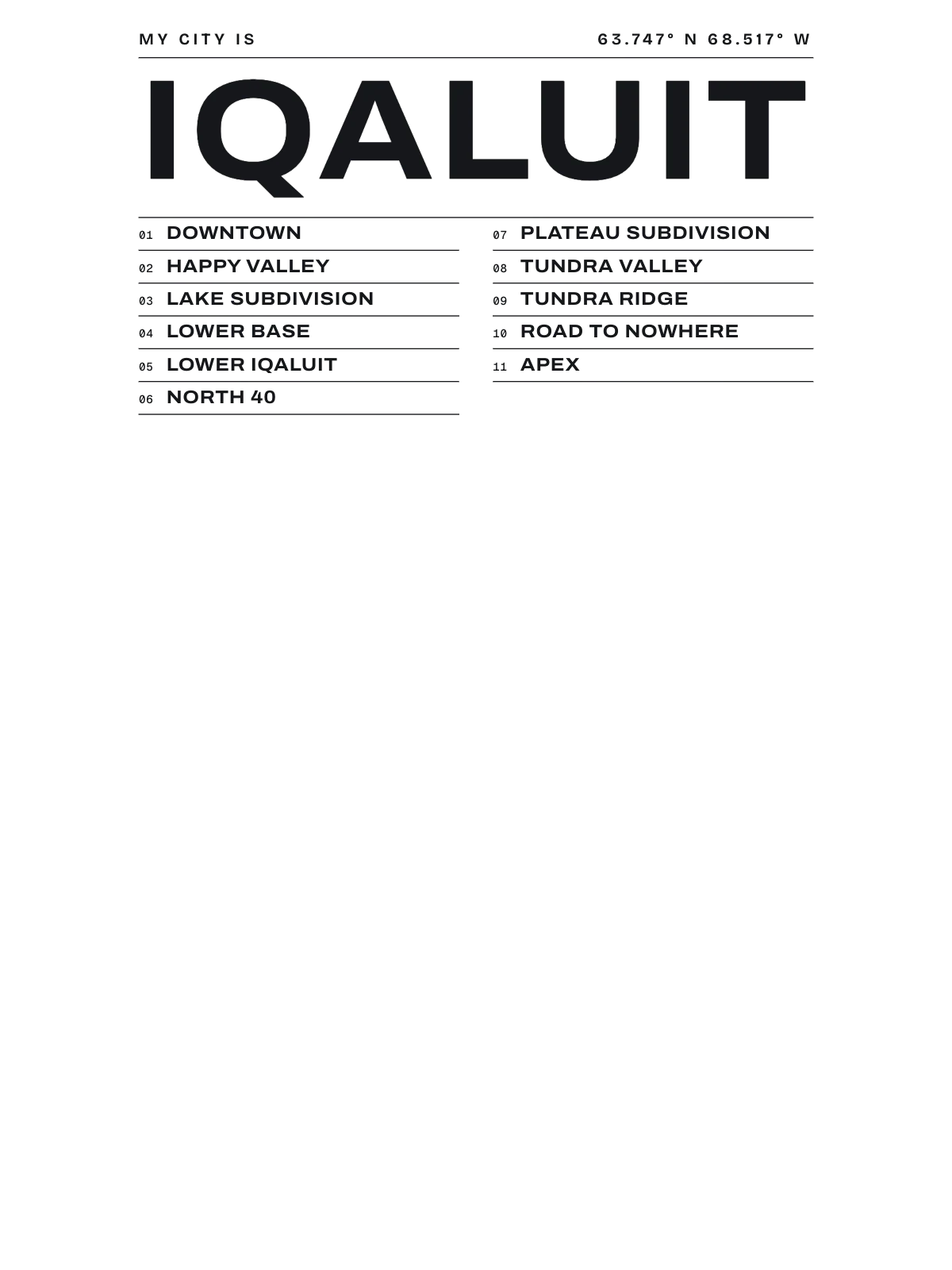 Iqaluit, Index: Gazetteer