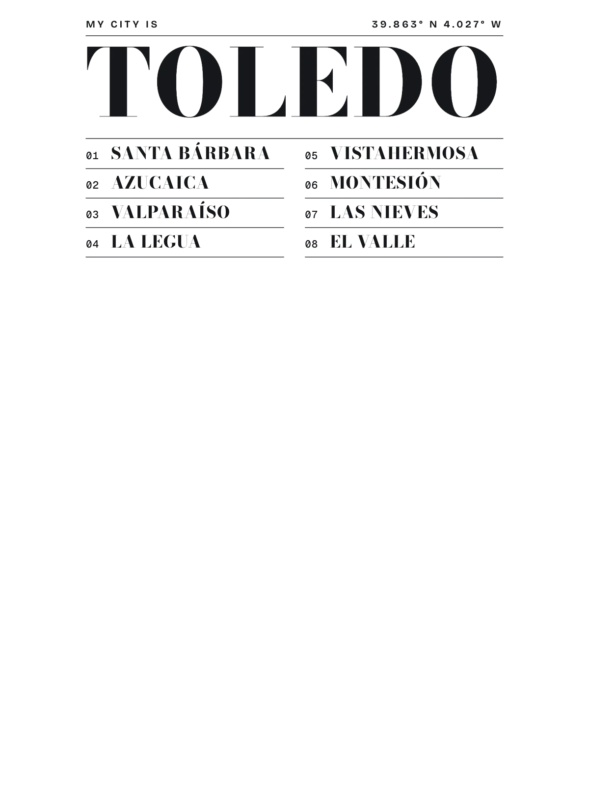 Toledo, Index: Gazetteer